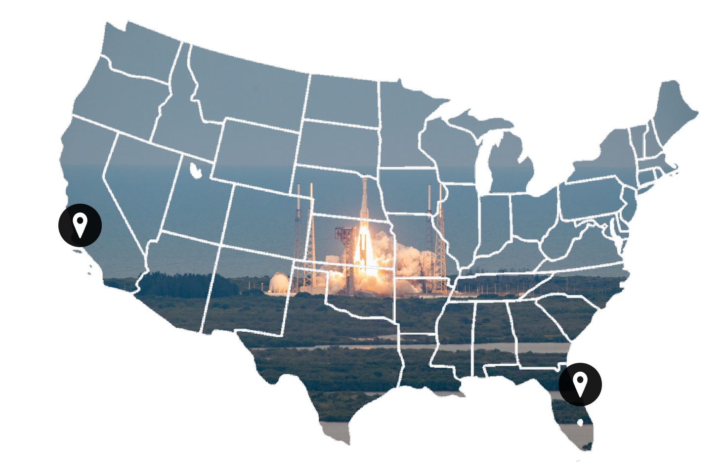 Map of US overlay with launch photo 